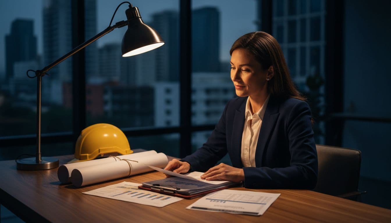 A confident small business owner in the construction sector sits at a wooden desk in a modern office, reviewing financial documents and bank statements, with blueprints and a hard hat nearby.