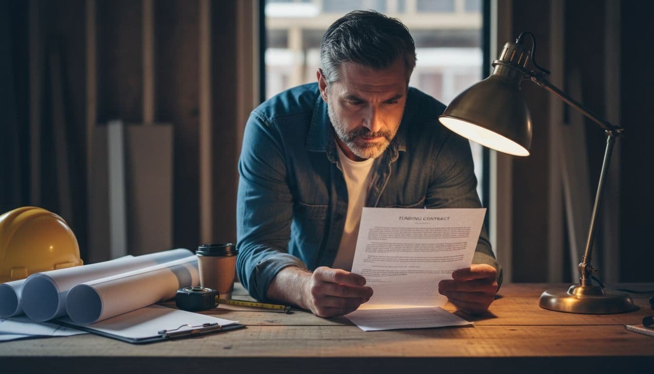 A close-up of a business owner in a construction site office intently reviewing a detailed funding contract on a wooden desk, surrounded by blueprints and tools.