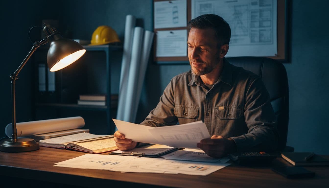 Mid-40s man in work shirt sits at wooden desk reviewing financial documents and calculator, with blurred blueprints and hard hat in background.