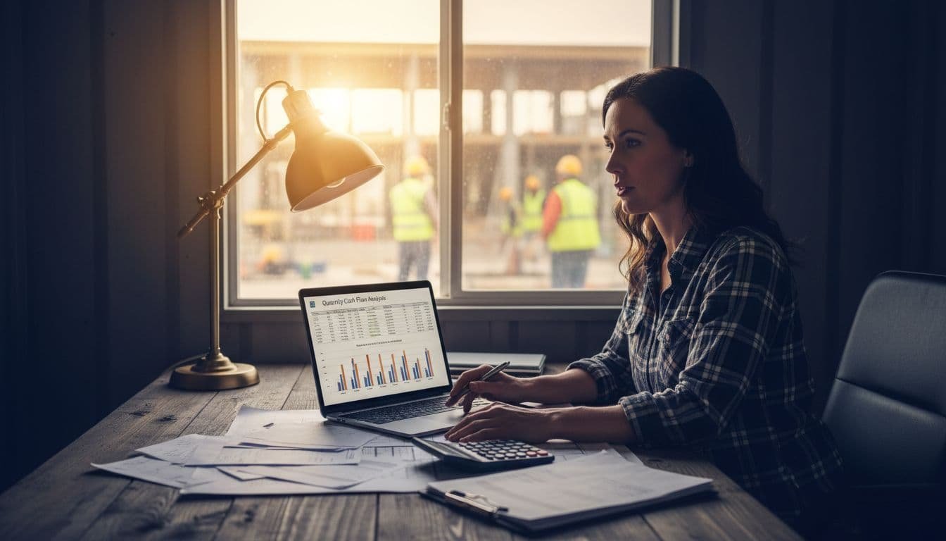 Business owner seated at cluttered wooden desk with blueprints, invoices, calculator, and open laptop in construction trailer office, blurred site workers in background.