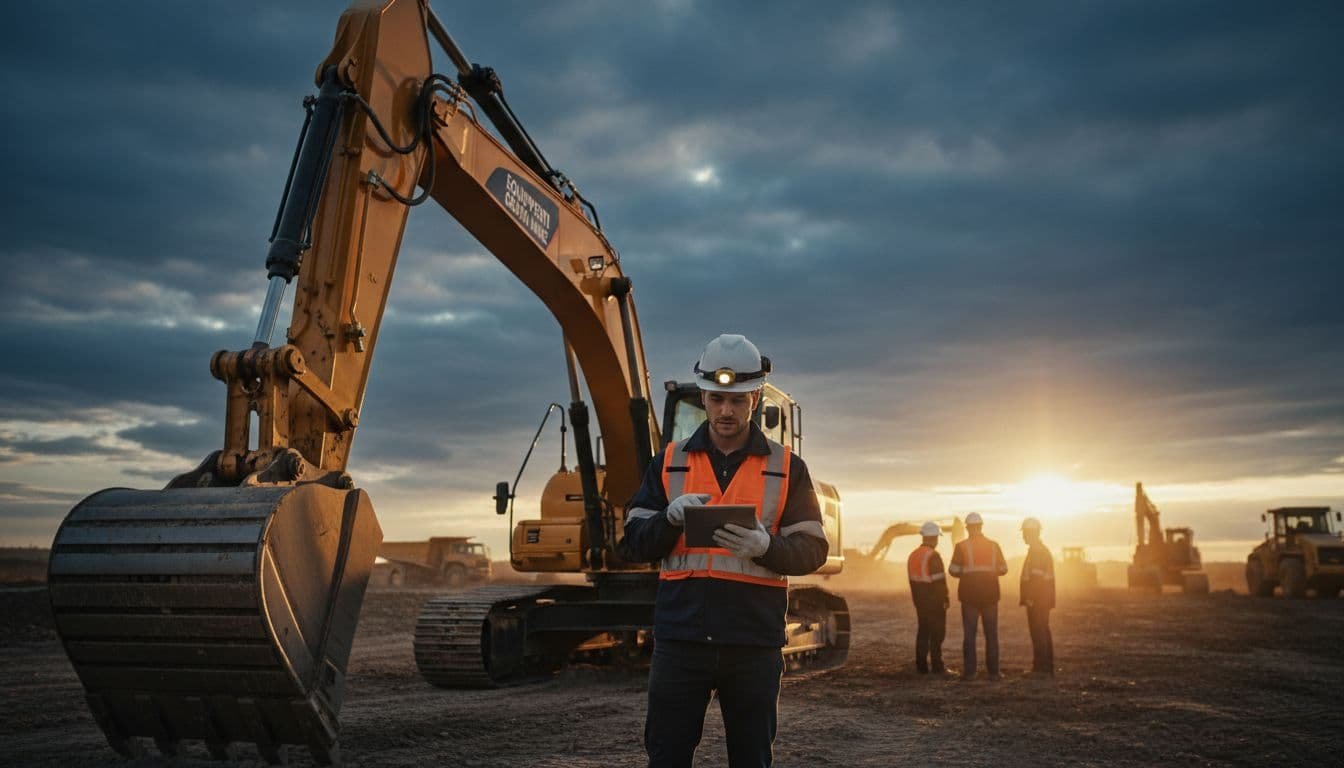 Contractor in hard hat holds tablet reviewing excavator with blurred team and equipment in background under overcast sky.