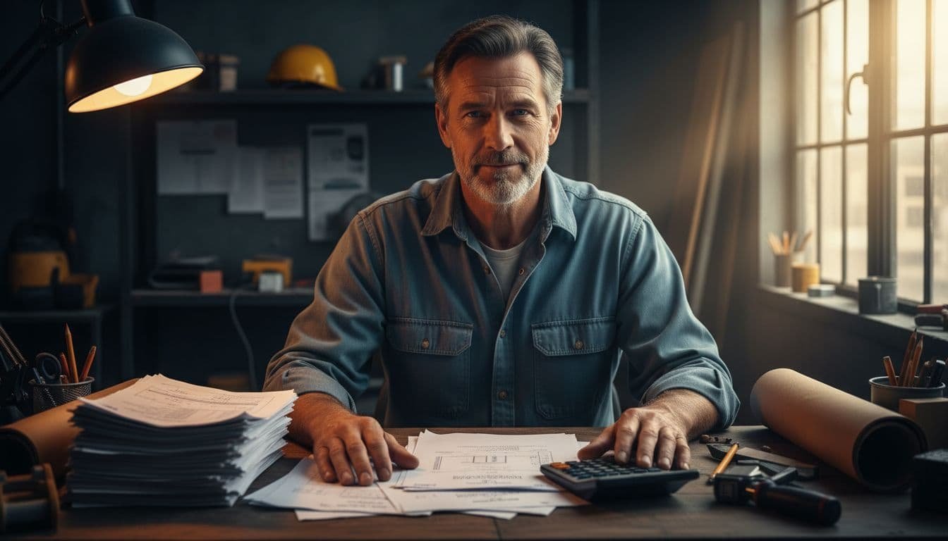 A middle-aged construction business owner in a work shirt sits at a desk in a busy construction site office, reviewing a stack of paper invoices using a calculator, captured in high-definition cinematic style with dramatic lighting.