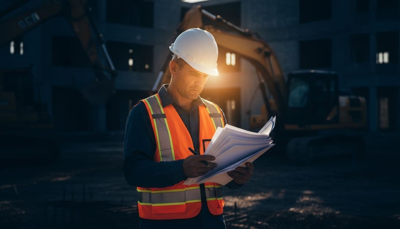 Mid-40s man in hard hat and vest reviews thick stack of SBA loan documents beside heavy machinery on construction site.