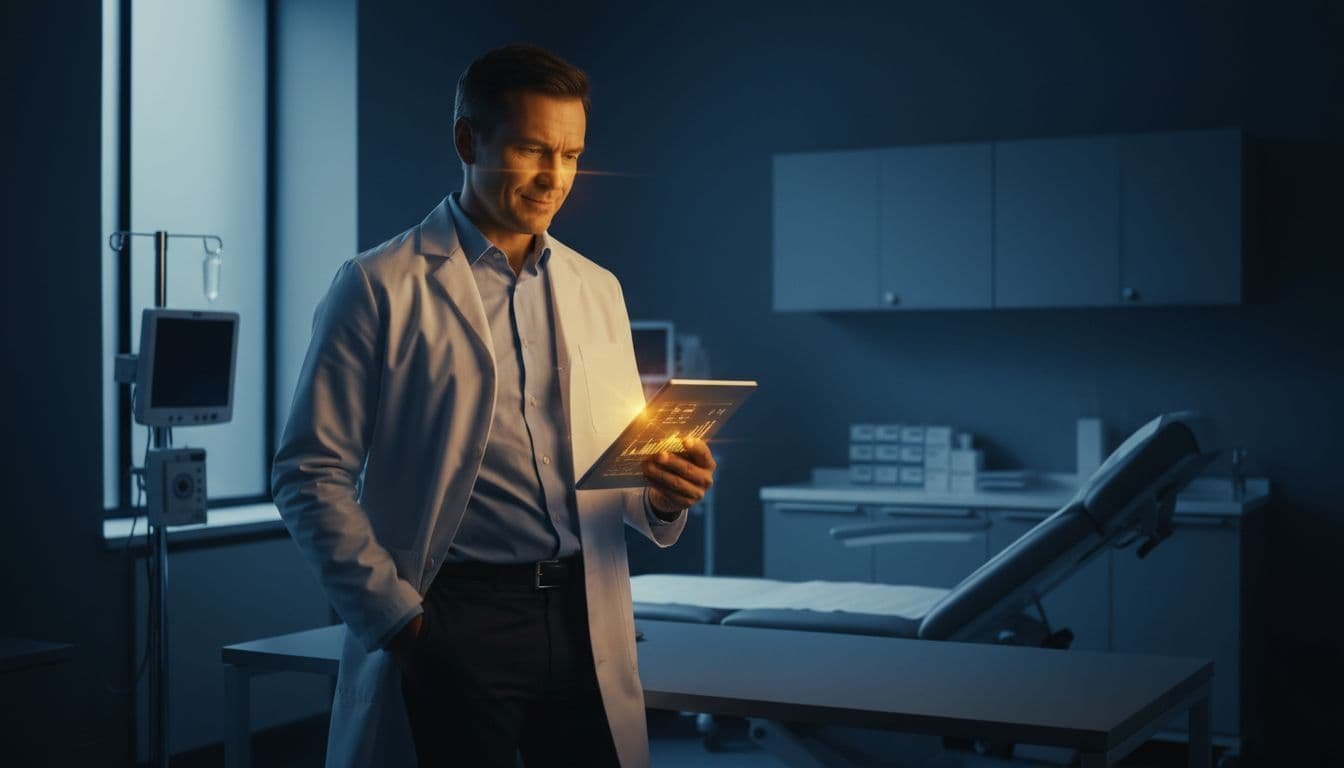 Male doctor in white coat checks tablet on desk in modern clinic exam room.