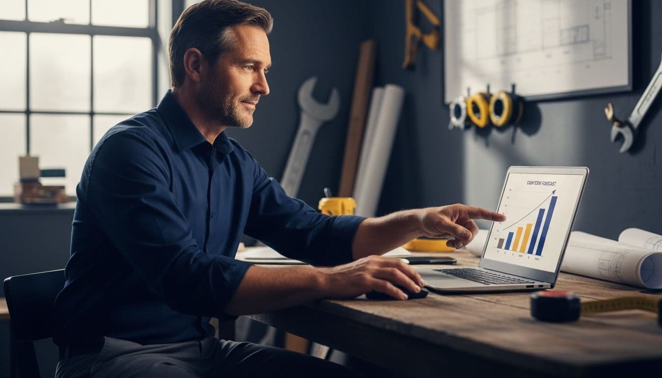 Middle-aged owner in casual attire points at laptop bar chart on wooden desk amid workshop tools and blueprints.