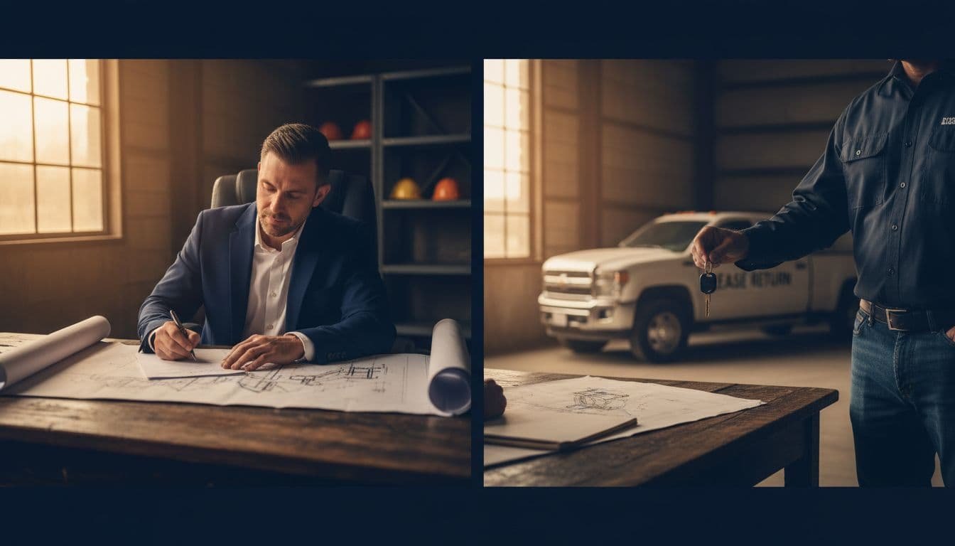 Split scene: left owner signs equipment loan on desk with blueprint, right owner hands back truck keys in construction office.