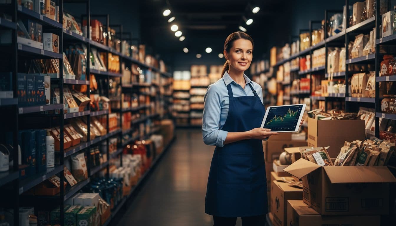 Female retail owner in 40s with apron holds tablet showing cash flow graph in stocked store aisle with inventory boxes.