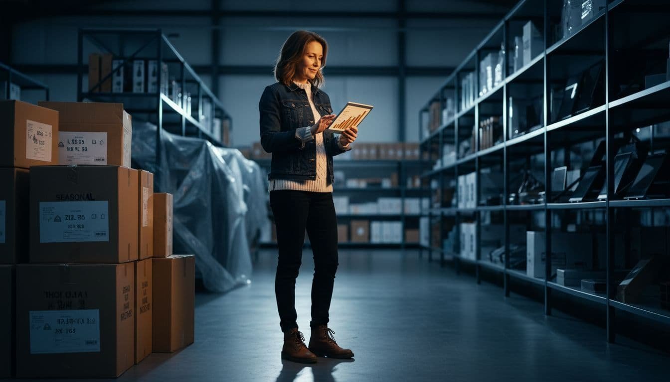 A retail store owner stands in a modern warehouse surrounded by seasonal inventory boxes, reviewing sales data on a tablet held naturally with both hands. Dramatic high-contrast lighting with navy blue shadows and warm amber highlights emphasizes an optimistic growth mood.