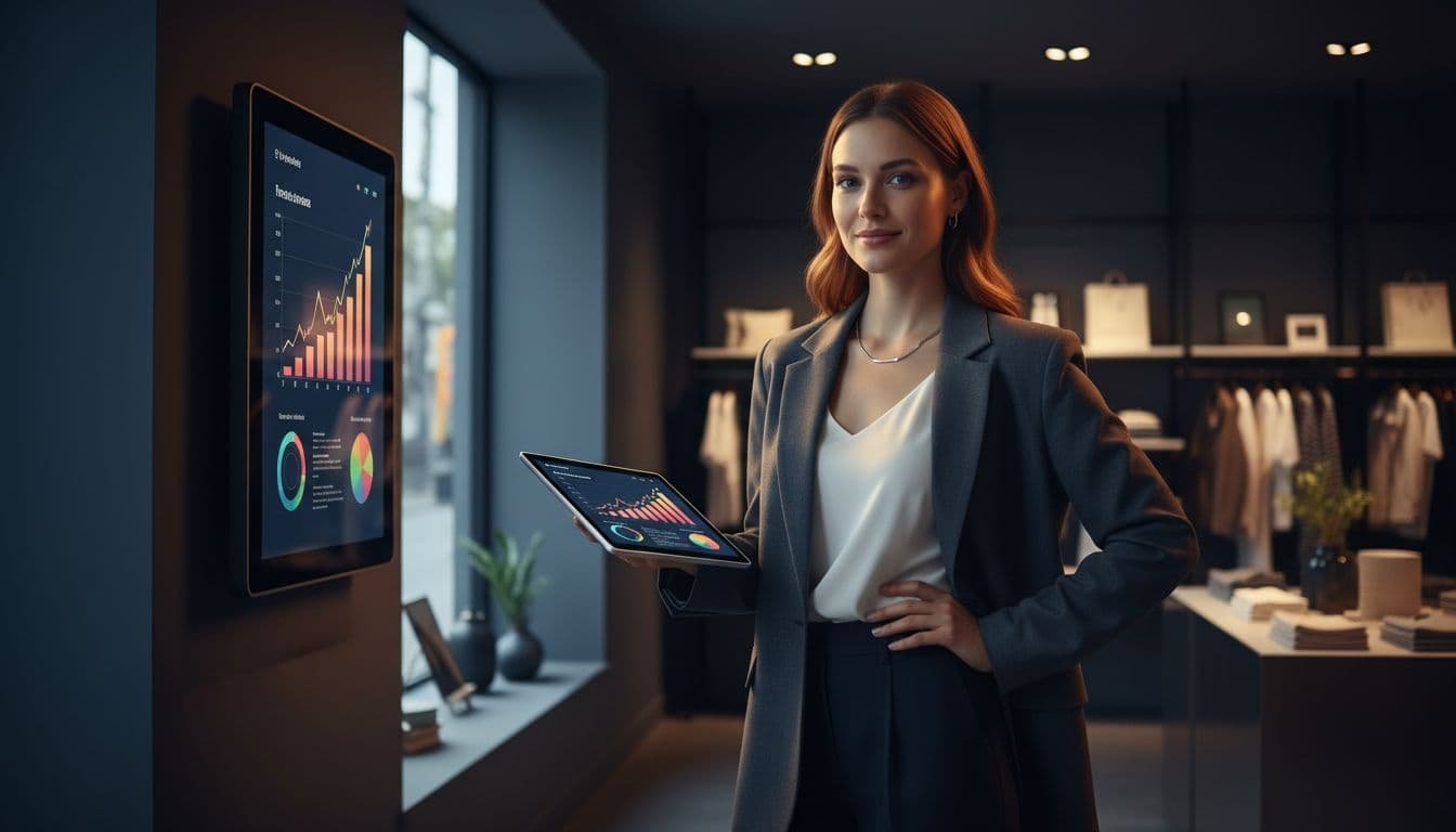 A young woman business owner in casual attire stands relaxed in a modern retail store, holding a tablet with sales charts near a POS terminal.