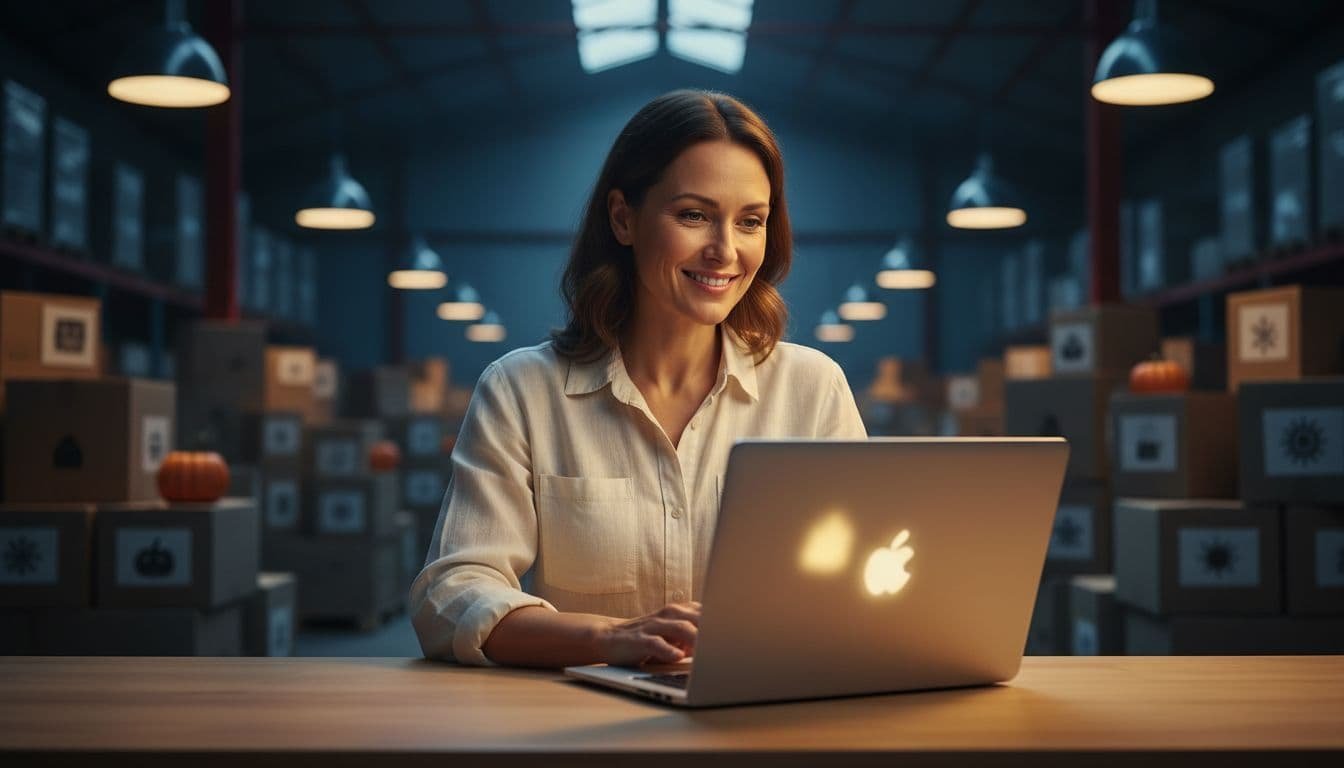 Smiling female retail owner sits at wooden counter in warehouse with inventory boxes, hands on open laptop.