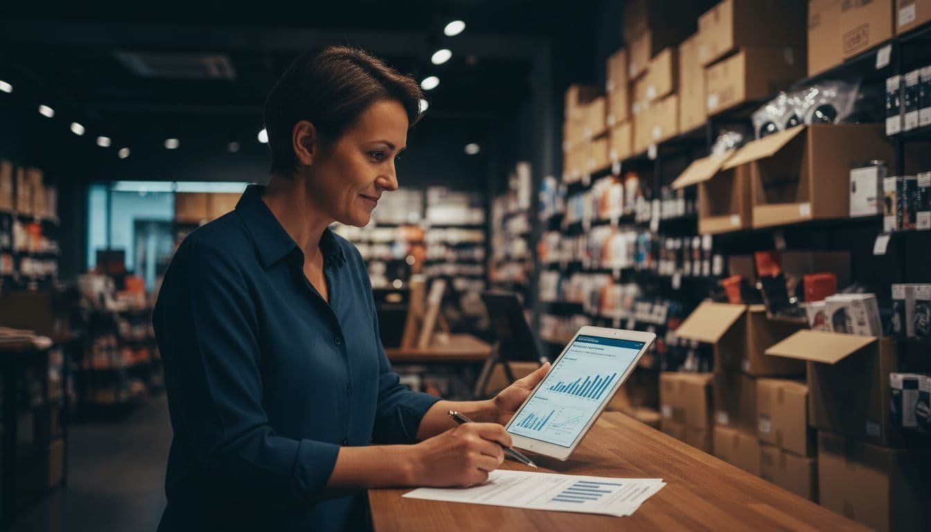 A thoughtful retail store owner at a shop counter examines a business funding proposal on a tablet, with inventory boxes in the background, captured in high-definition cinematic style with dramatic lighting.