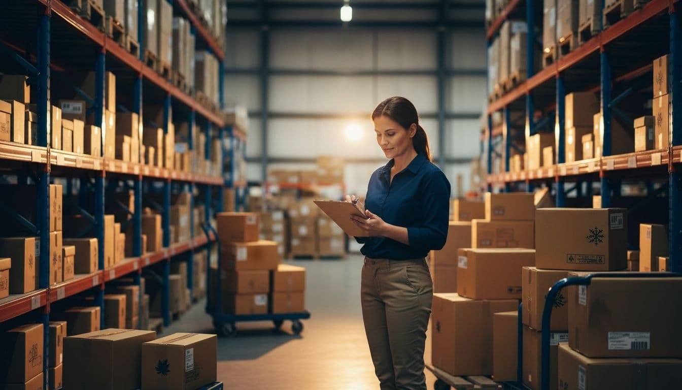 Retail owner stocks warehouse shelves with seasonal boxes while checking clipboard, e-commerce packages nearby.