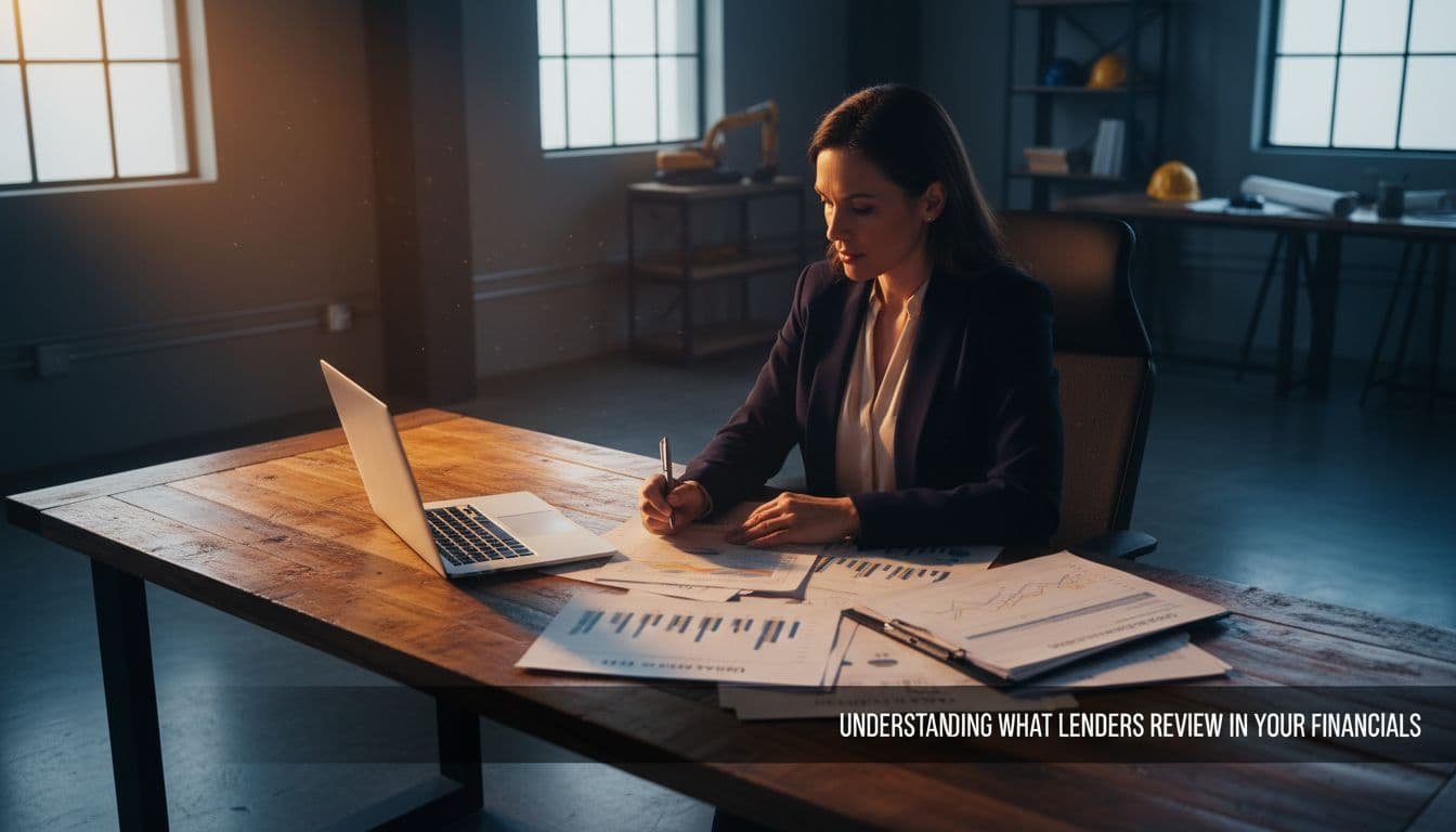 A professional sits at a wooden desk reviewing financial documents on a laptop in a modern office.