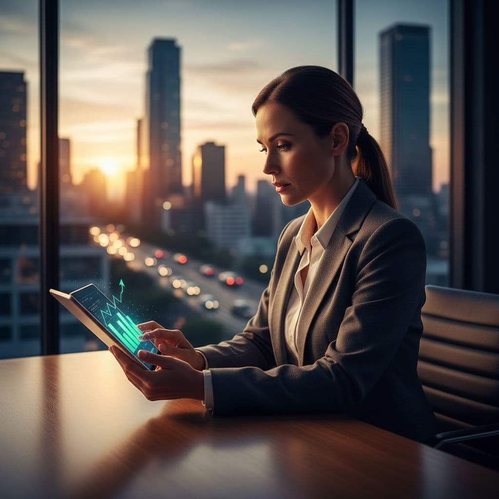 A focused entrepreneur reviews upward-trending charts on a tablet in a modern office overlooking a city skyline.