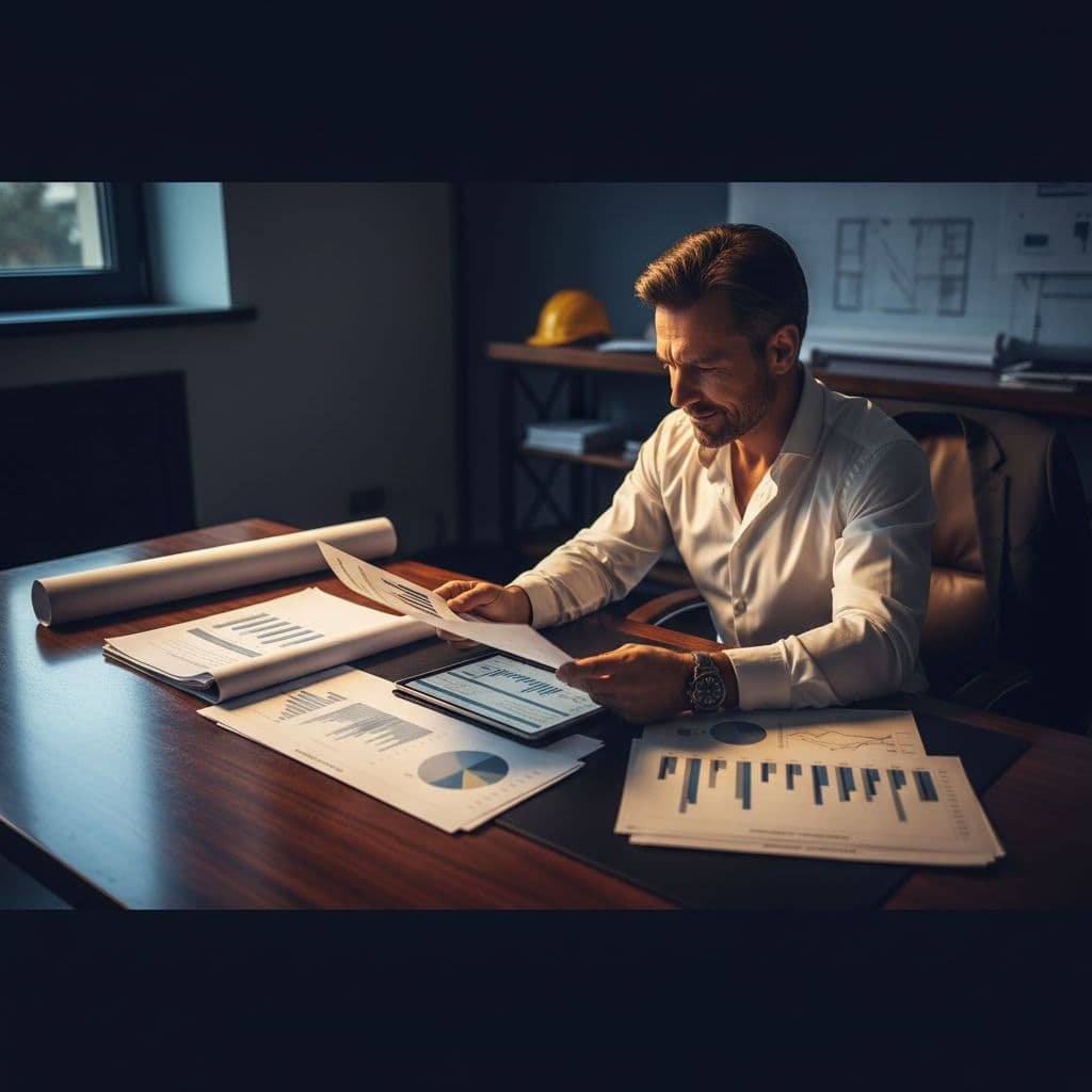 A focused professional reviews financial documents at a desk under dramatic cinematic lighting.