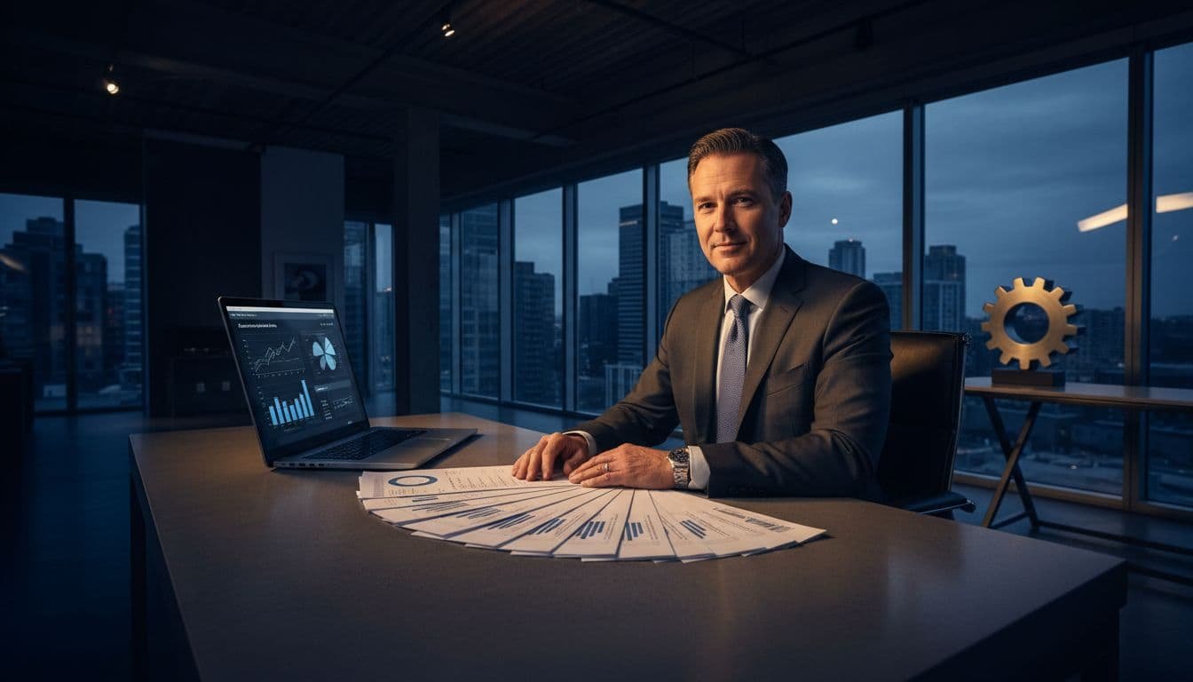 A focused business owner reviews financial documents and a digital dashboard inside a modern construction office.
