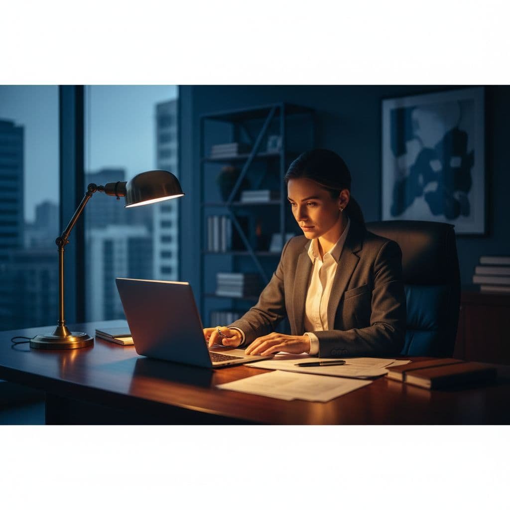 A business owner works at a modern desk with a laptop and documents under warm lighting.