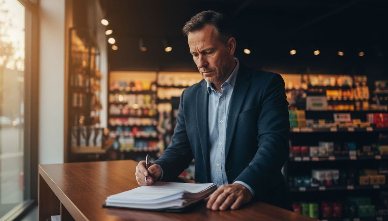 Middle-aged business owner at store counter reviews loan documents with concerned expression, hand on papers, warm light on face, blurred shelves behind.