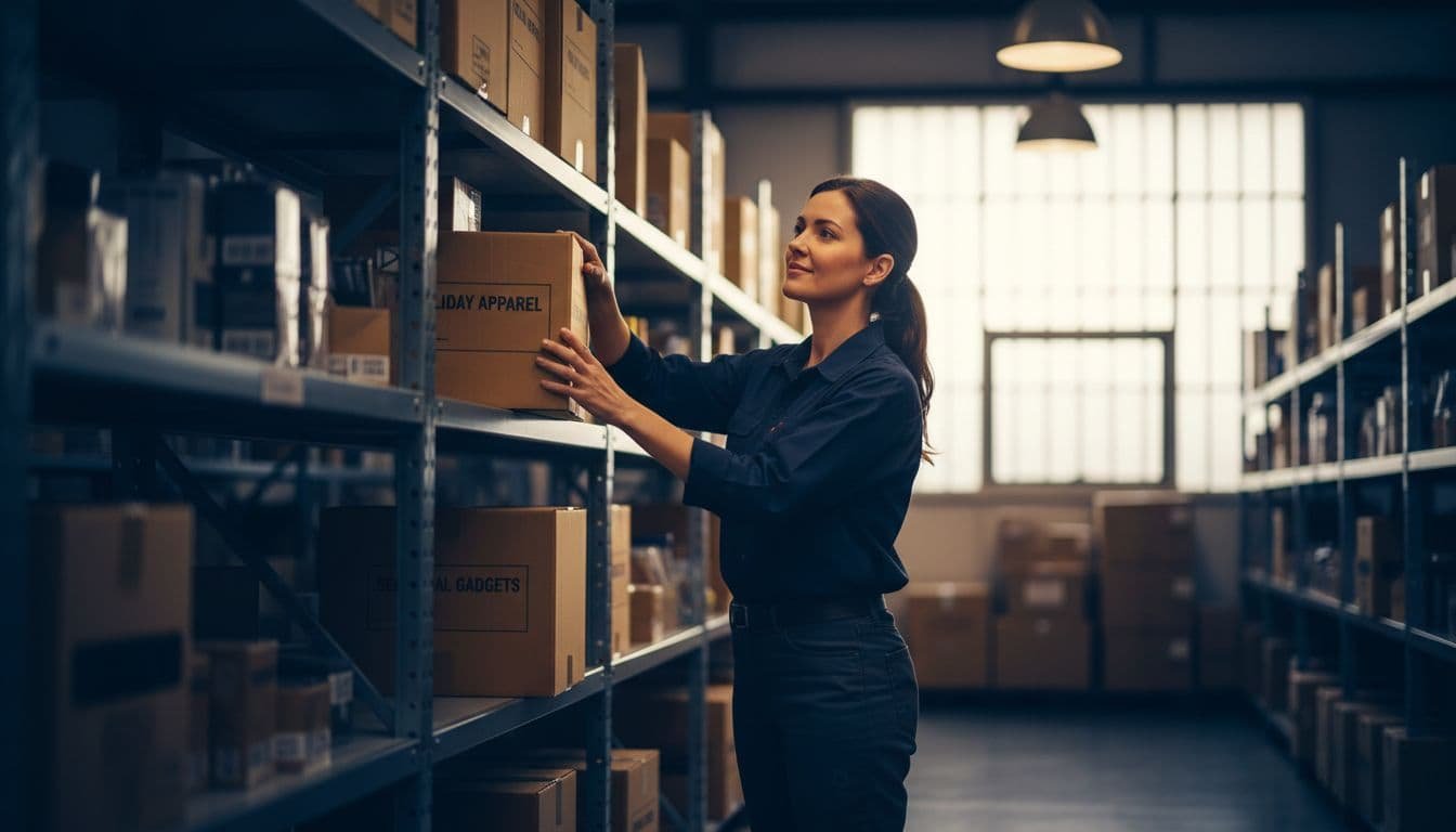 Business owner rests hands on box of seasonal apparel and gadgets while stocking warehouse shelves.