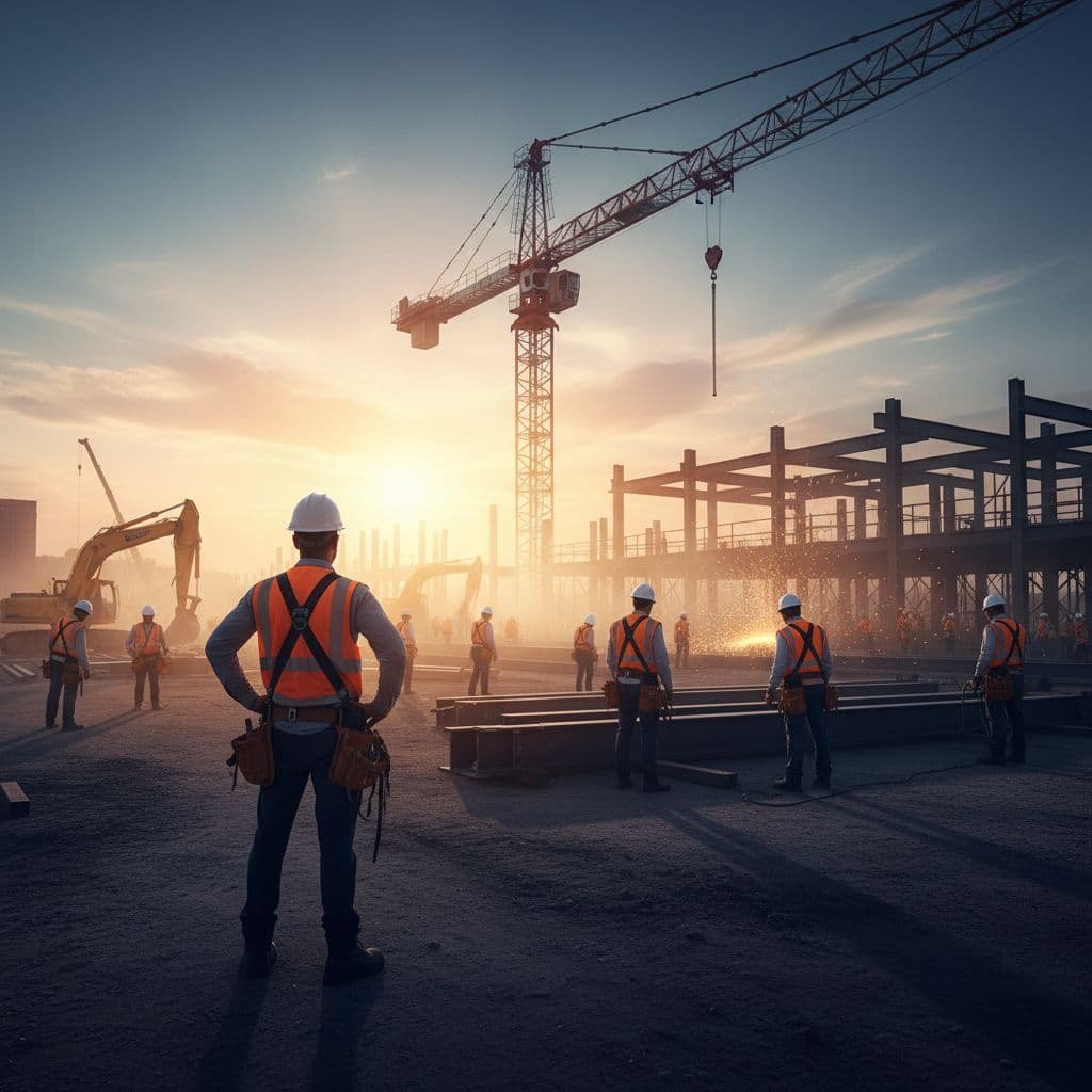 A worker in a safety vest stands before a massive crane at a construction site. Warm amber sunlight illuminates floating dust particles and metallic equipment textures against a clear evening sky.