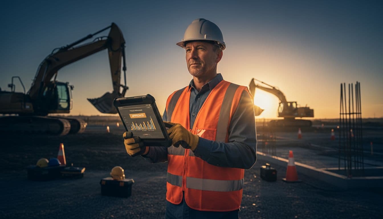 Contractor in safety gear examines tablet with milestones and funding next to heavy machinery on job site.