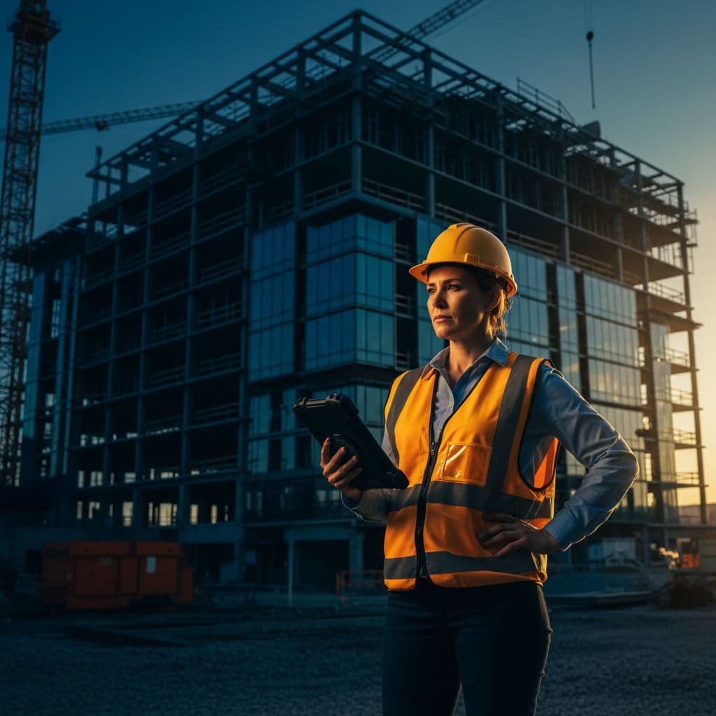 A professional construction manager inspects digital blueprints on a tablet at a modern job site.