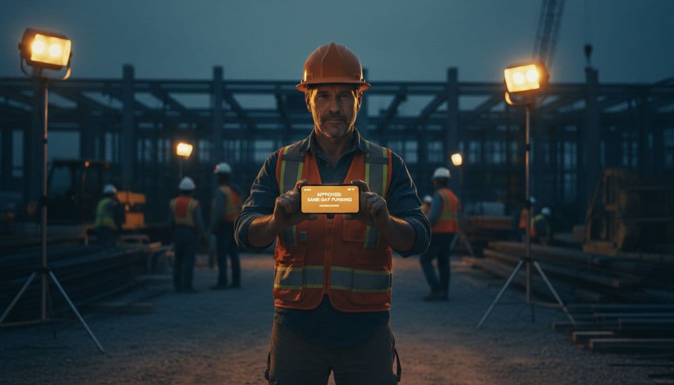 Construction owner holds phone displaying funding approval on active job site with blurred workers and equipment behind.