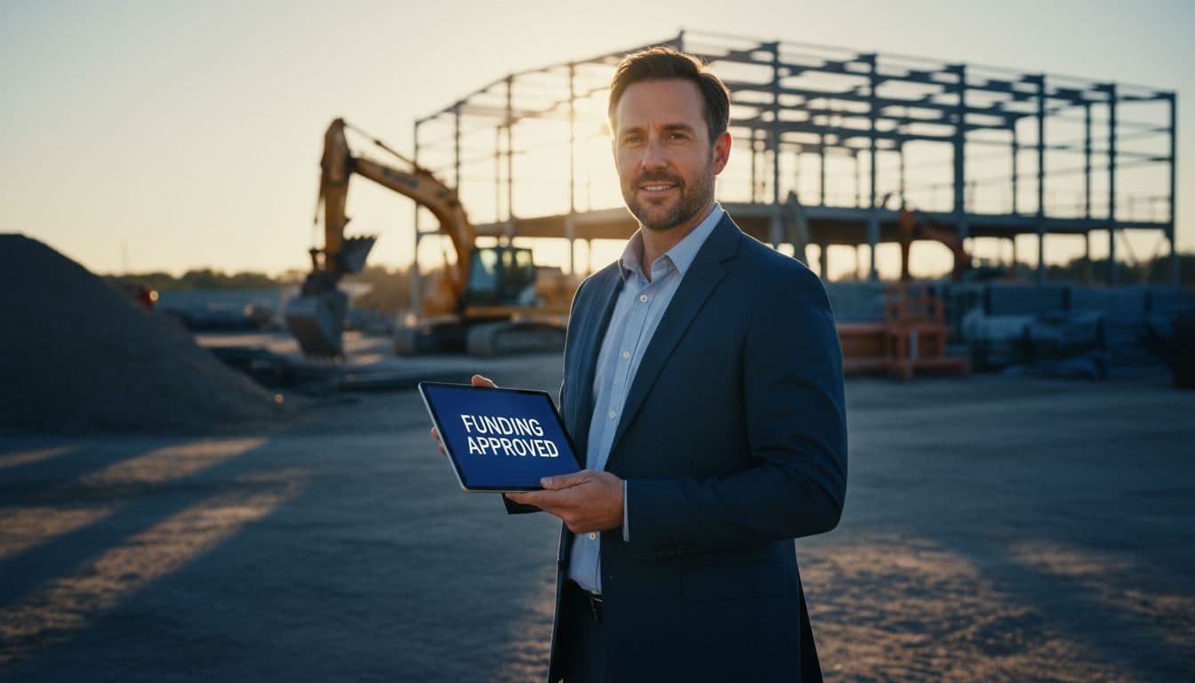 Construction owner holds tablet showing funding approval on job site, golden sunlight on screen and face, blue shadows on machinery.