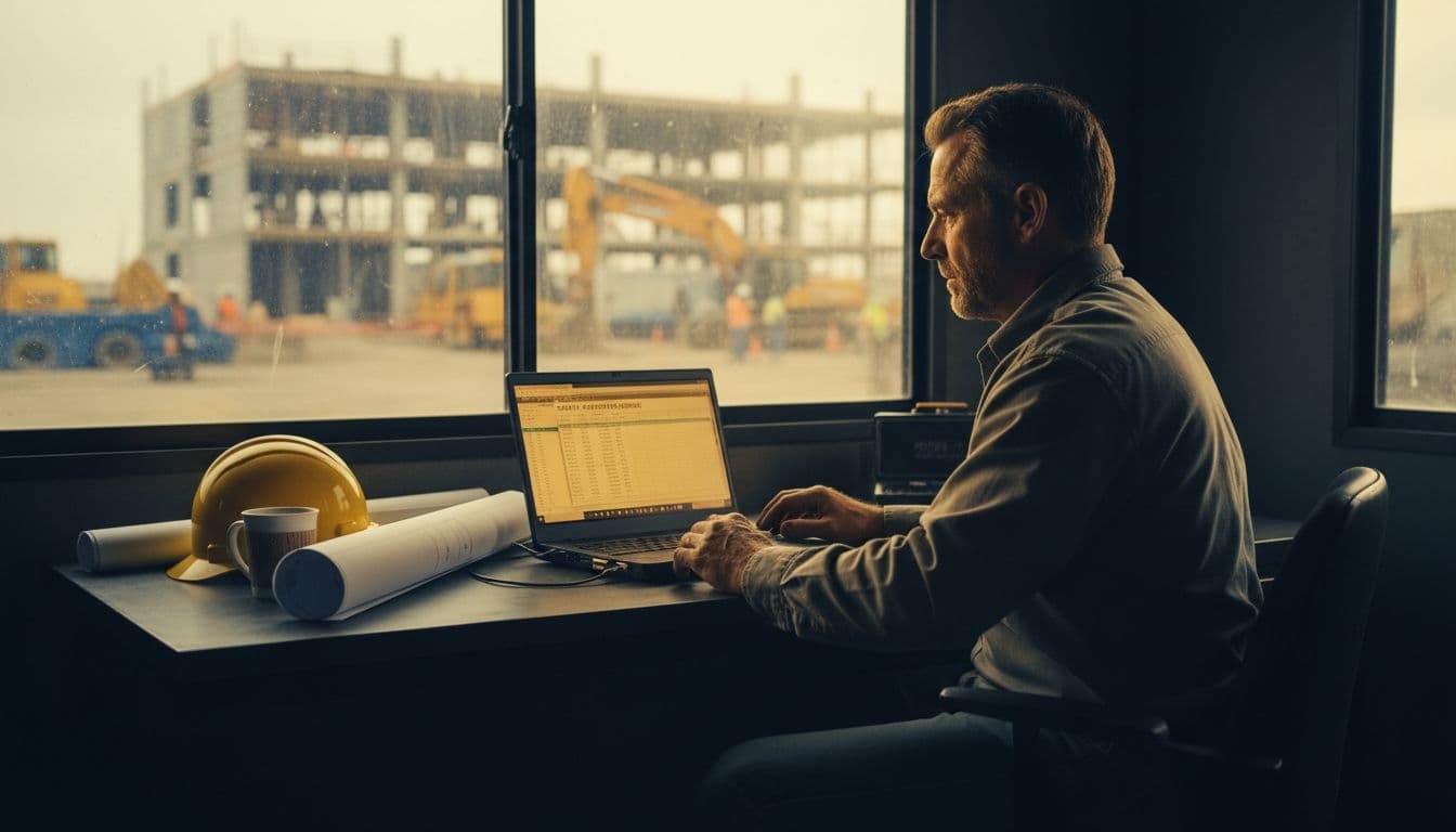 Construction owner examines payment schedules on laptop at trailer desk, blueprints and hard hat nearby, site visible through window.