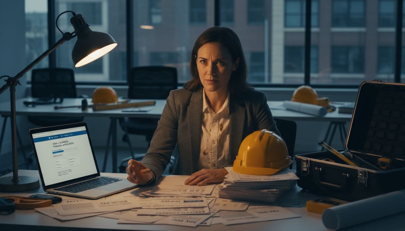 Small business owner in construction attire sits at cluttered desk with IRS notices, bank statements, and funding laptop.