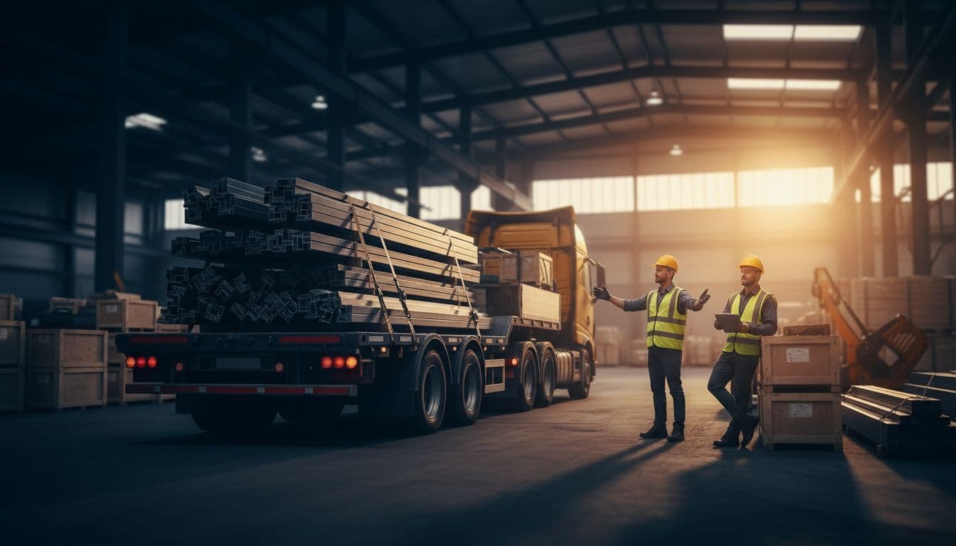 Two workers direct and unload pallets of steel beams from a large truck in a warehouse.