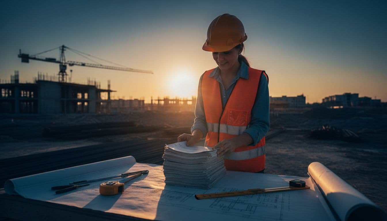 Hard-hatted construction manager examines financing documents at outdoor blueprint table under sunset light.
