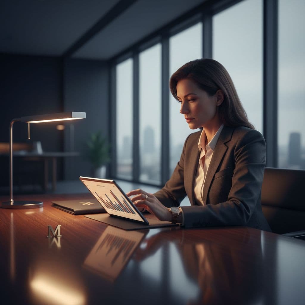 A focused professional examines digital financial data on a tablet in a modern, warmly lit office.