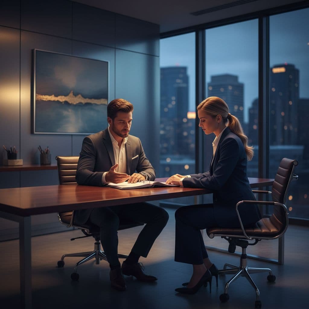 An entrepreneur sits at a sleek desk across from a lender to discuss a professional business plan.