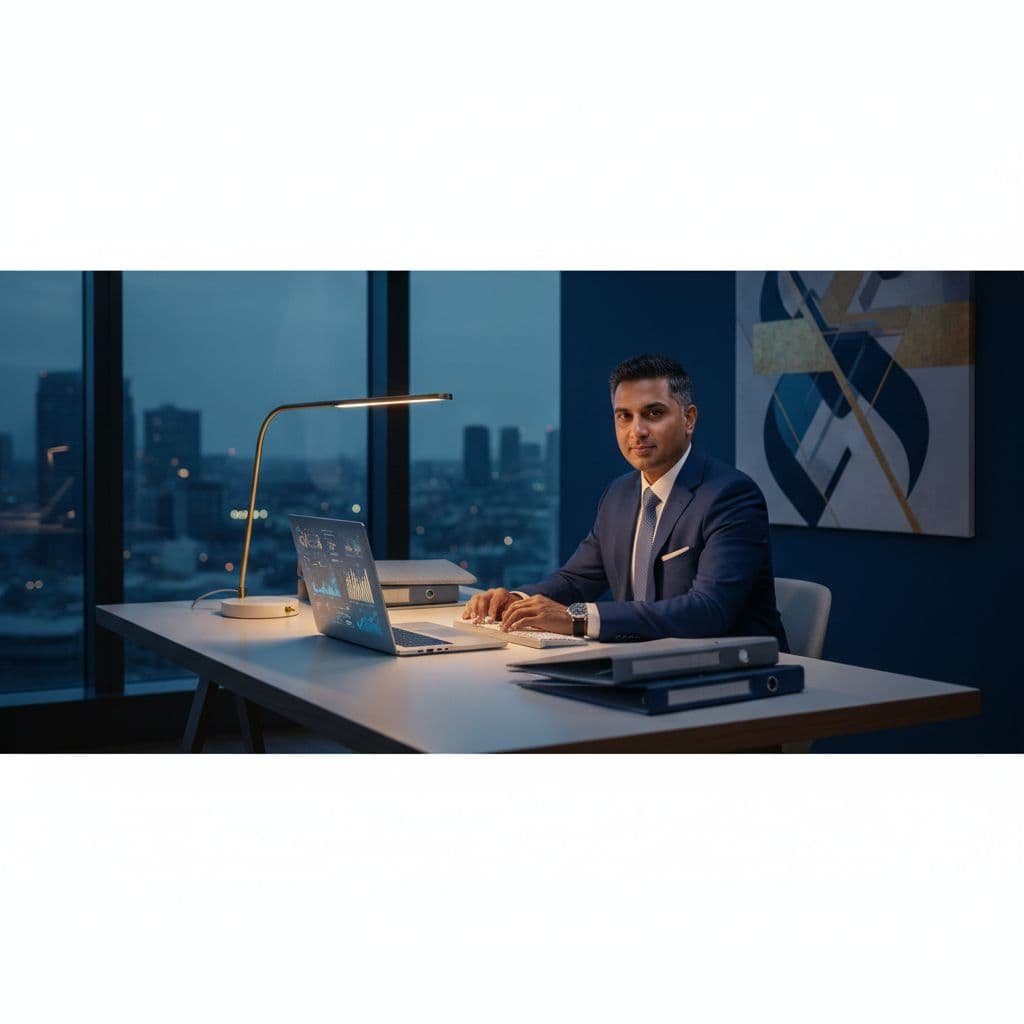 An entrepreneur sits at a clean desk using a laptop to review financial documents in a professional office.