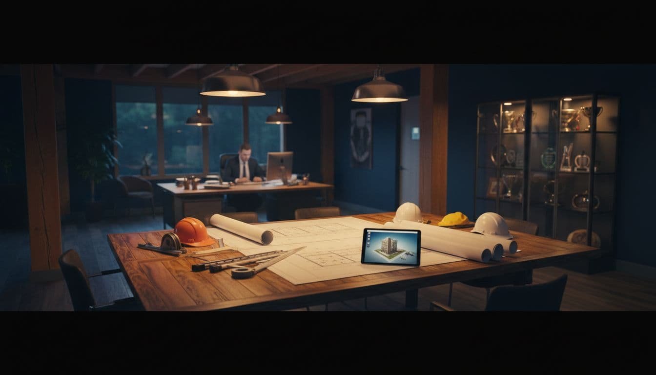 Blueprints lie on a wooden table within a modern, warm-lit construction office workspace.