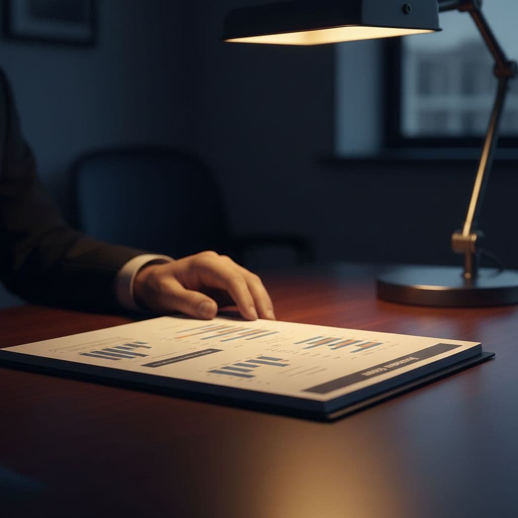 Close-up of clean financial report on polished dark wood desk, lit by amber lamp amid navy shadows, partial hand visible.