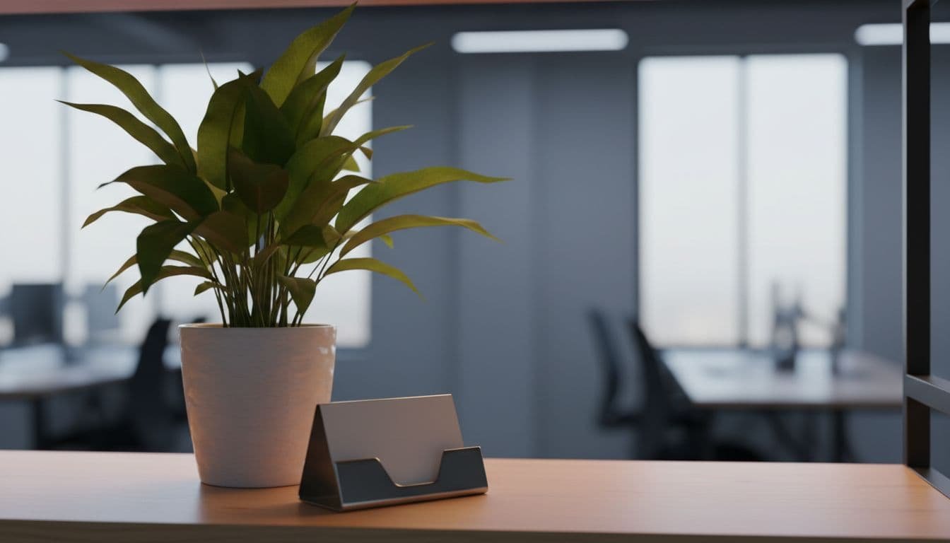 Indoor plant on wooden shelf next to metallic business card holder with blurred office background.
