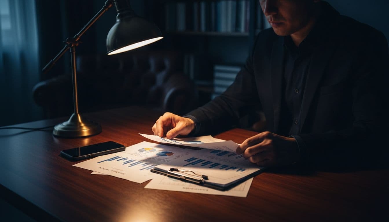 Hands examine stacks of financial charts and bank statements on dark wood table under warm lamp light.