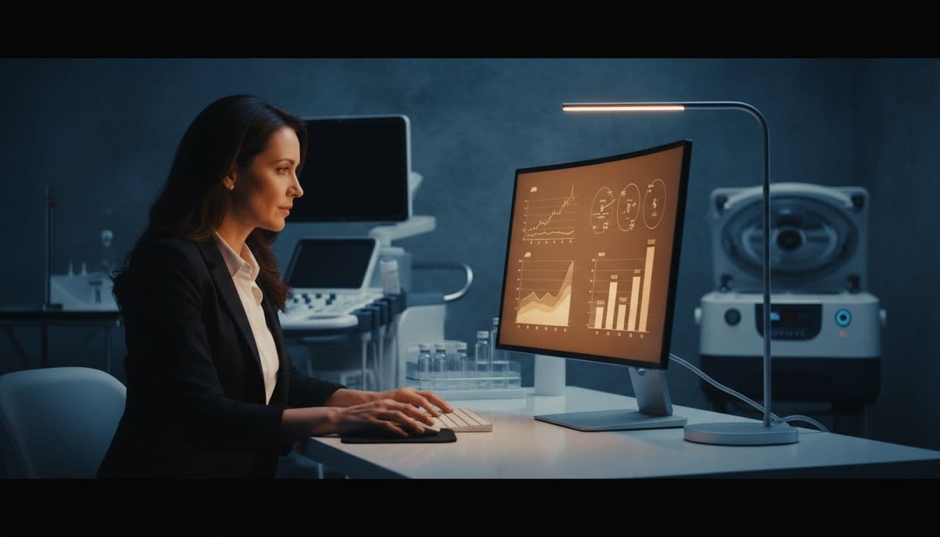 Business owner at desk in healthcare office examines computer charts of APR and factor rates amid medical equipment.