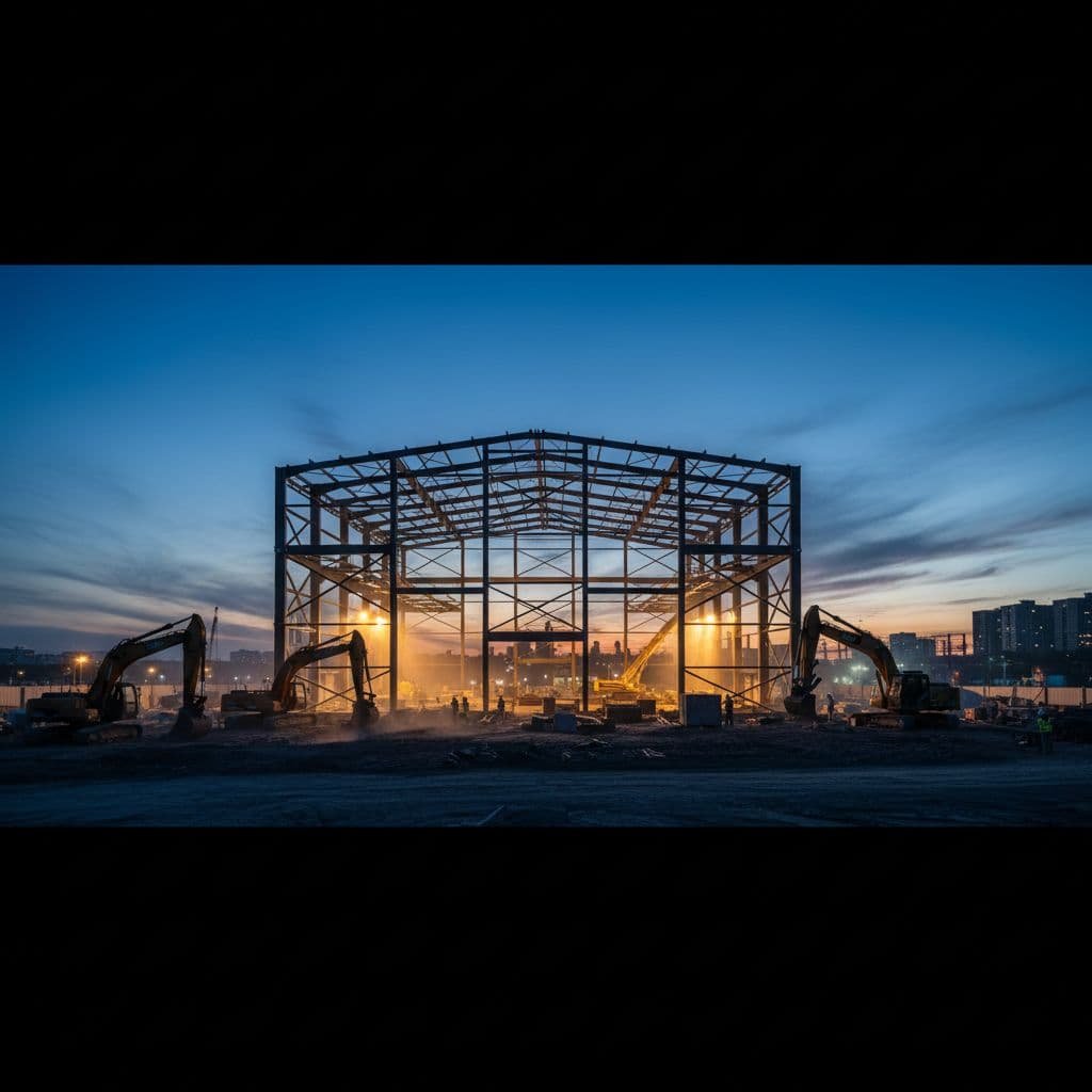 A structural steel frame rises above an active construction site under a dramatic dusk sky.