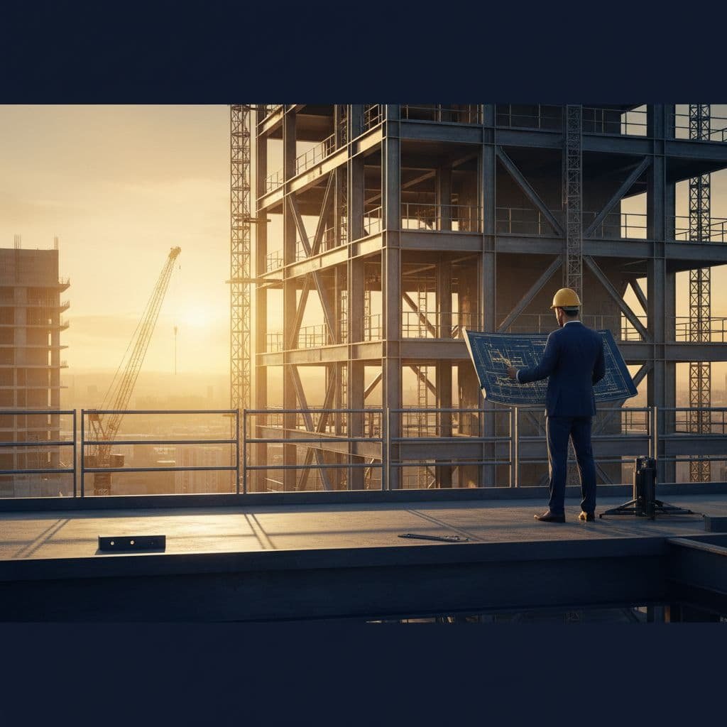 Sleek construction site in early morning golden sunlight on steel beams and blueprints with one worker.
