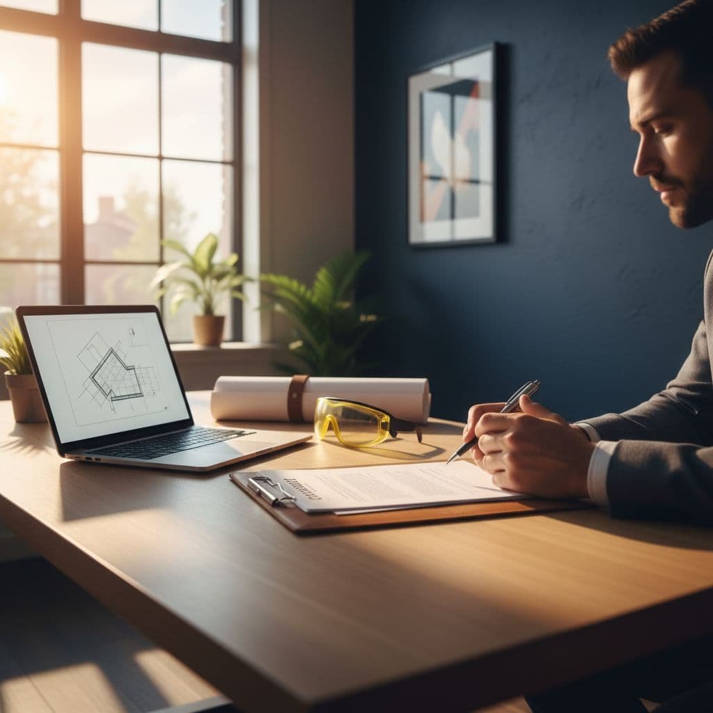 Modern contractor's office desk with laptop, blueprints, safety glasses, and a person holding pen over document.
