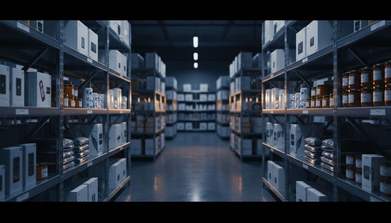 Organized shelving units filled with inventory sit inside a clean, professional warehouse with high-contrast ambient lighting.