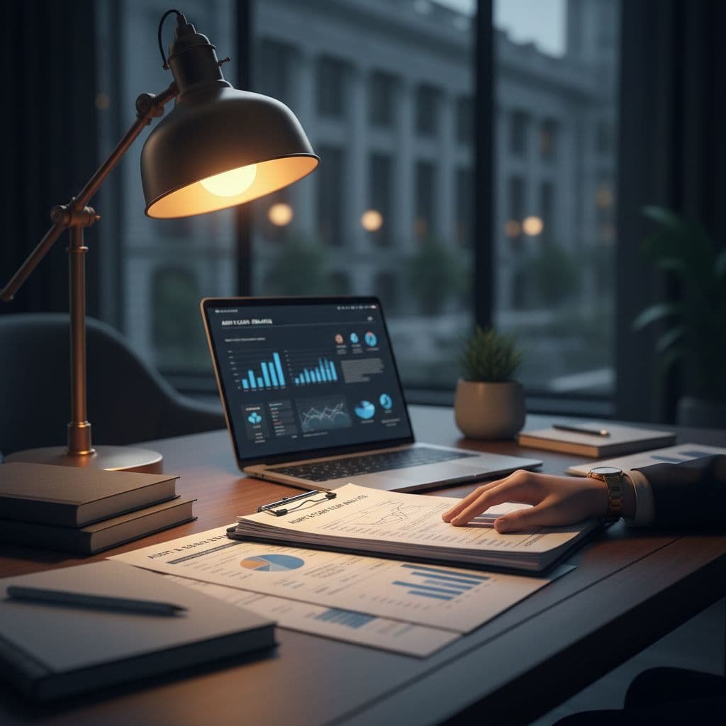 A person rests their hand on neat financial documents spread across a desk next to an open laptop. Warm amber light from a nearby lamp illuminates the papers against dark shadows.
