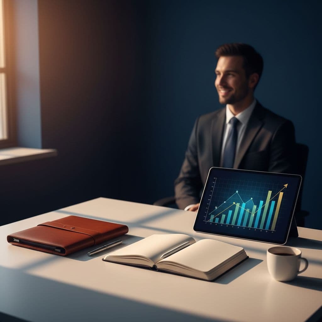 A clean office desk features a notebook and digital tablet displaying abstract financial charts.