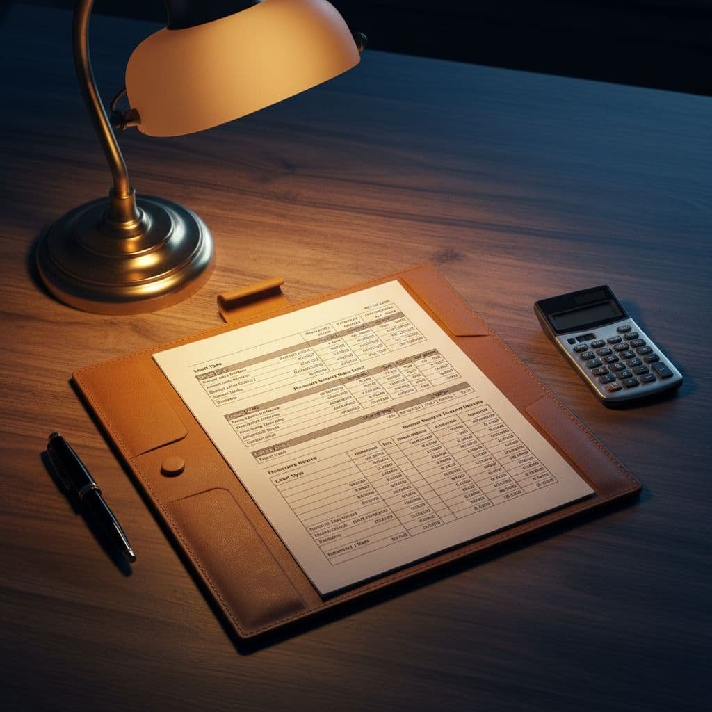 A leather folder and professional financial document sit on an organized wooden desk under warm lamp light.