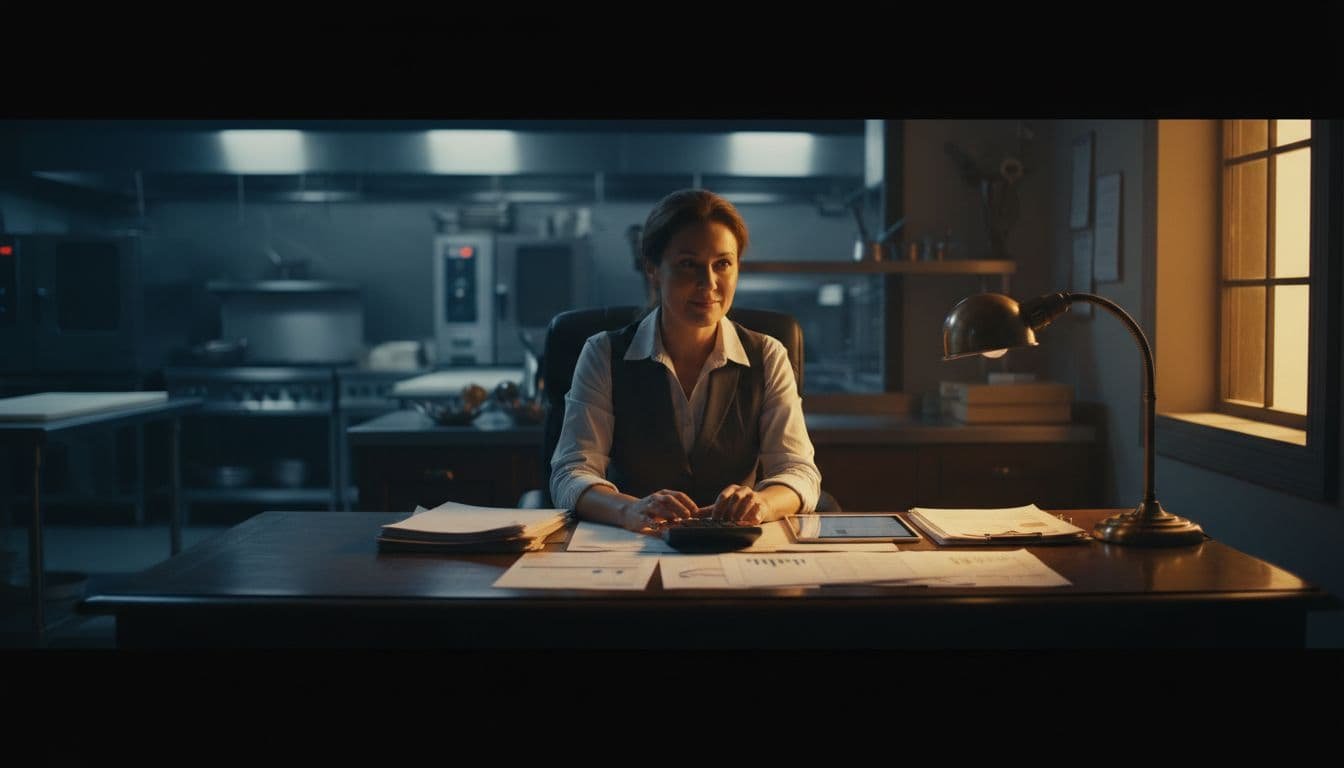 Restaurant owner at wooden desk reviews papers and calculator with relaxed hands under dramatic lighting, blurred kitchen background.