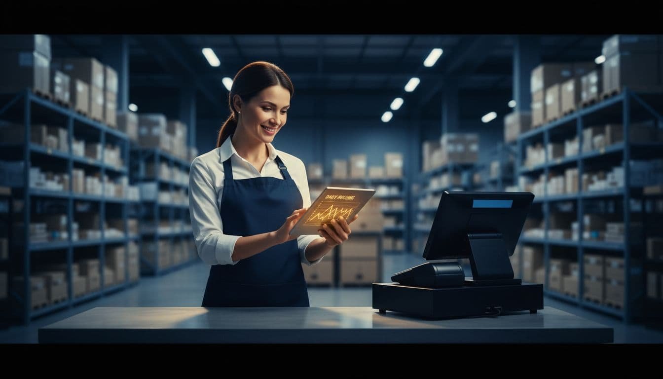 Retail owner stands behind counter checking tablet with payment data, cash register nearby, shelves blurred in warehouse background.