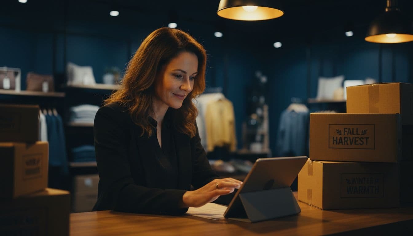 Store owner behind counter reviews loan paperwork on tablet near stacked inventory boxes.